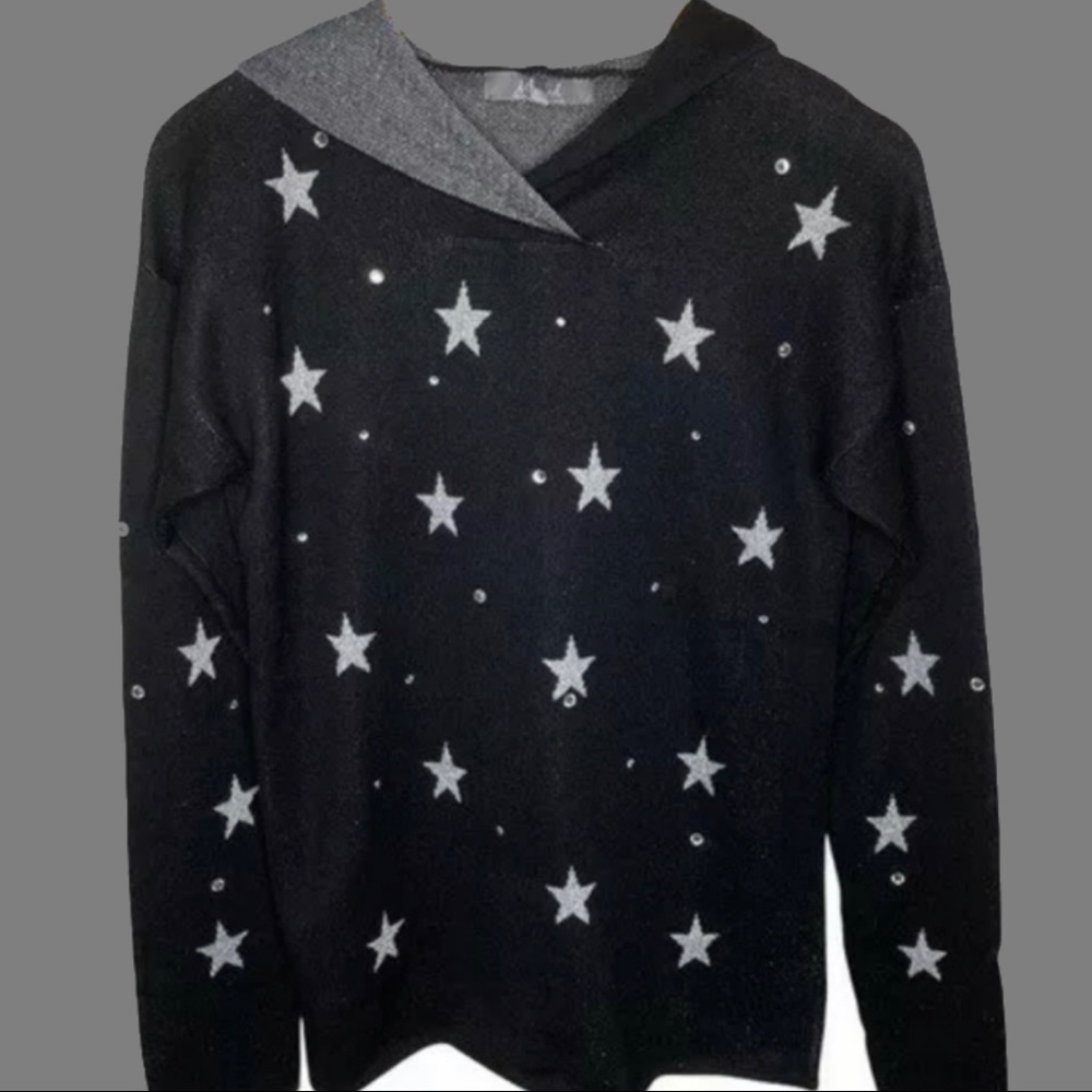 NWOT Marled Reunited Clothing Blk Hood sweater w/metallic star & stone pattern.